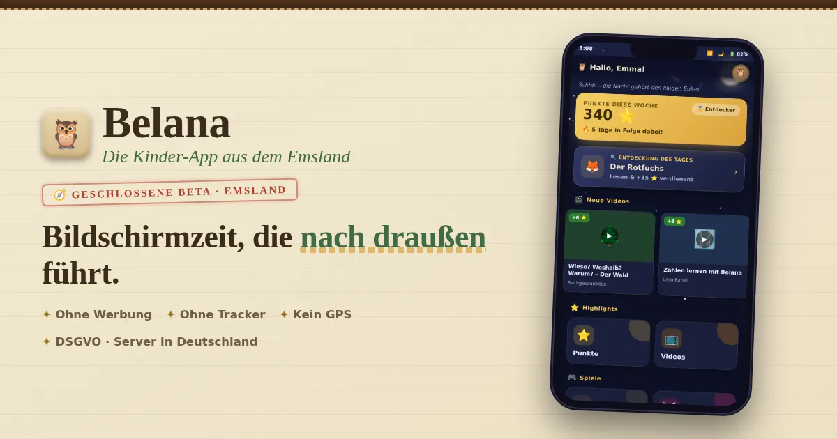 Belana, die Kinder-App aus dem Emsland: App-Startbildschirm auf einem Smartphone