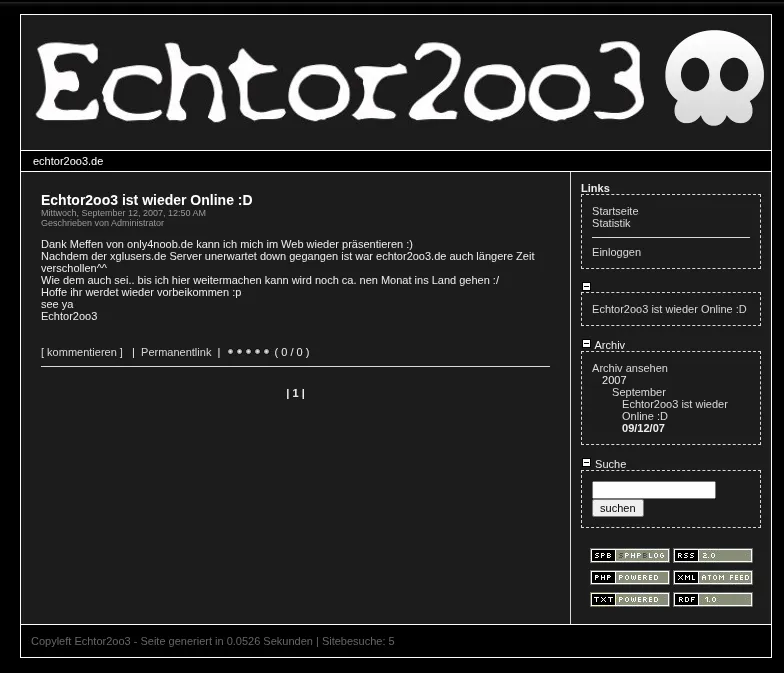 echtor2oo3.de im September 2007 mit Blog und Totenkopf-Logo