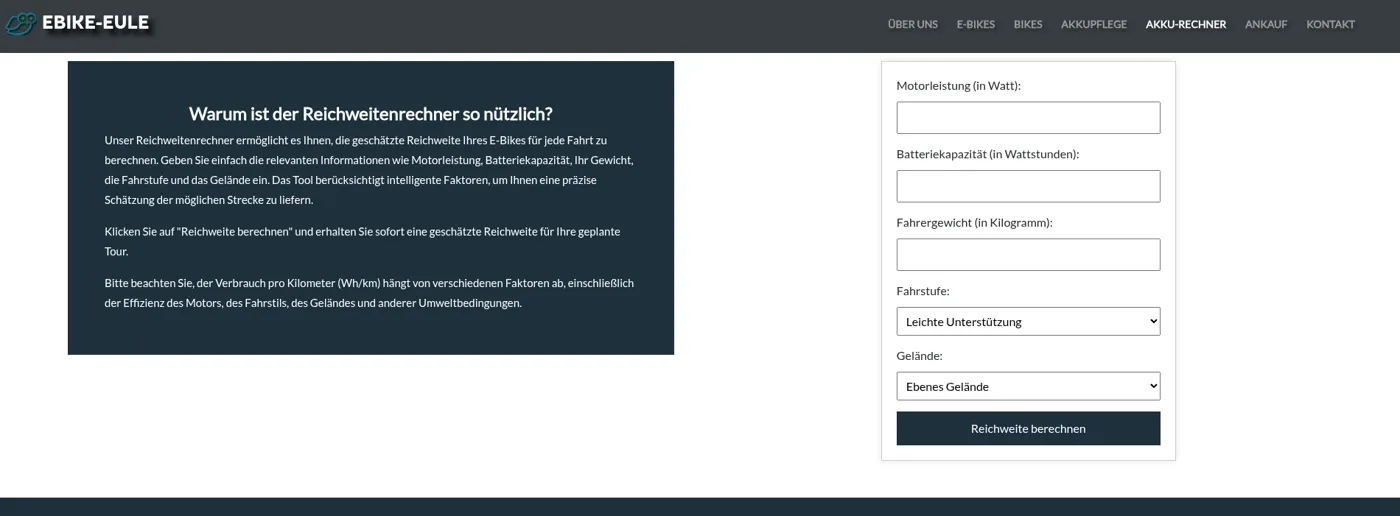 Reichweitenrechner auf ebike-eule.de